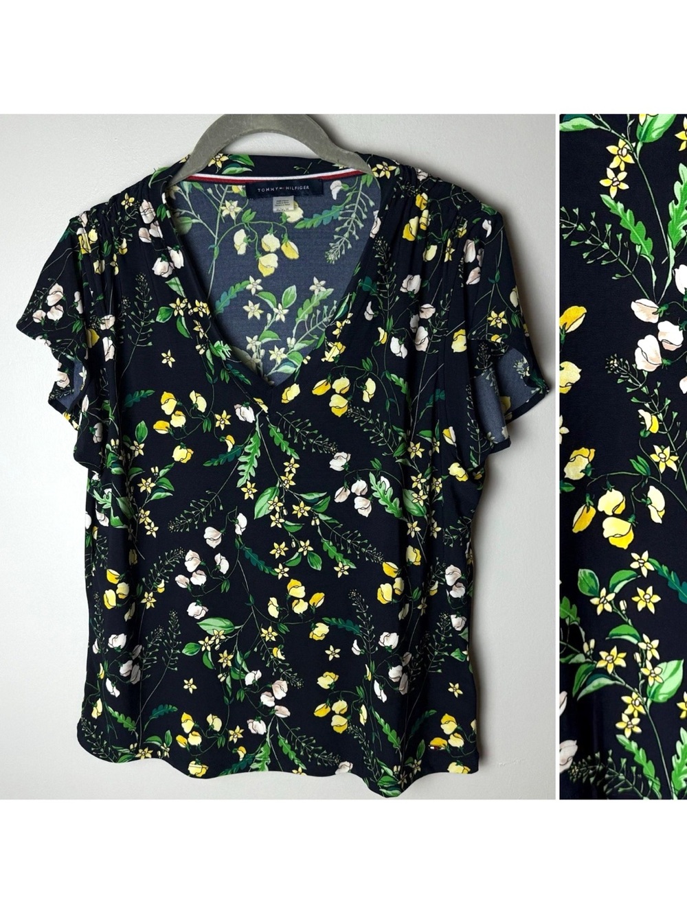 Tommy Hilfiger Blouse Size Medium Top Short Flutter Sleeves Floral Stretch VNeck